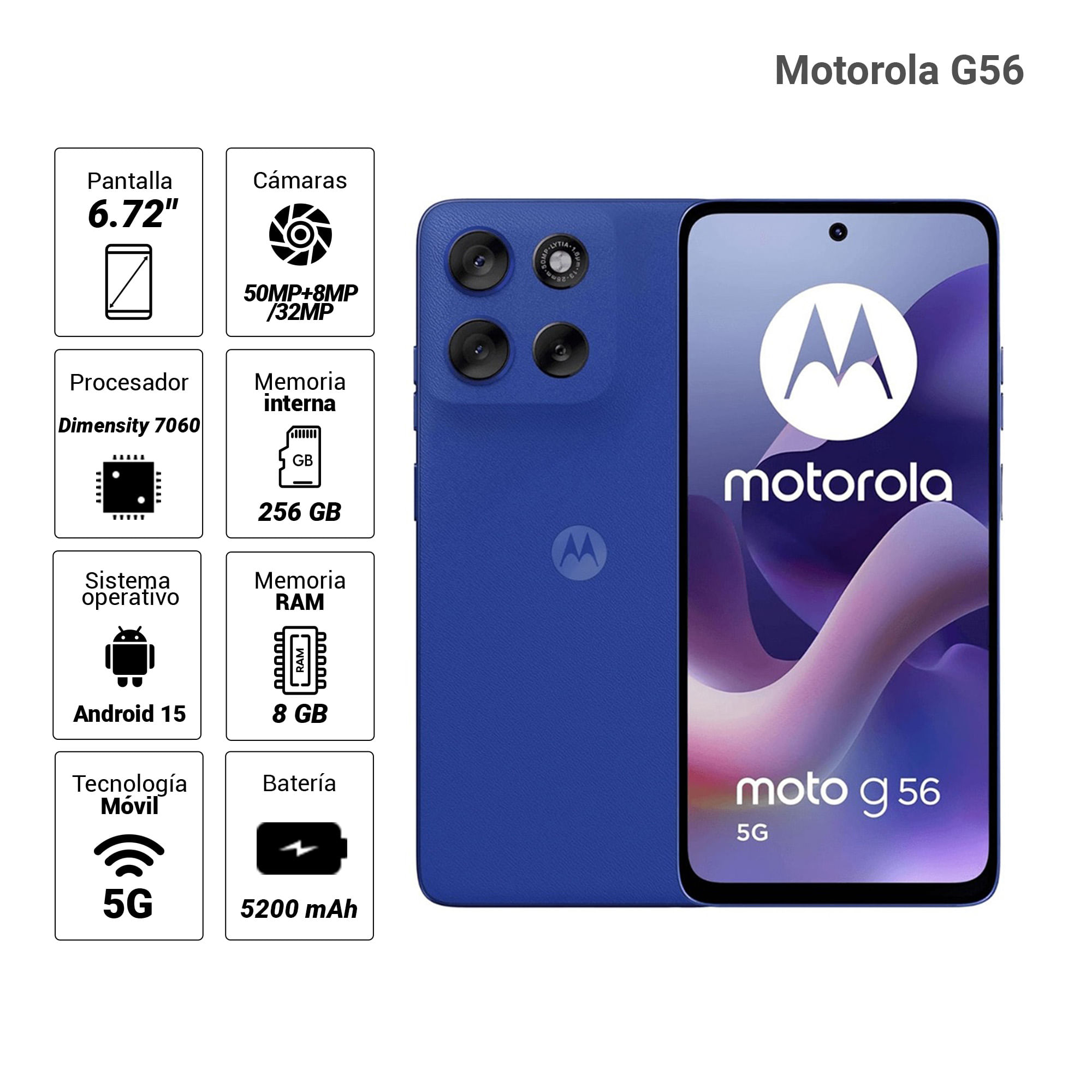 Imagen 2 del producto Celular Motorola G56 5G, 256GB, 8GB RAM, cámara trasera 50MP y frontal 32MP, 6.72"", azul marino